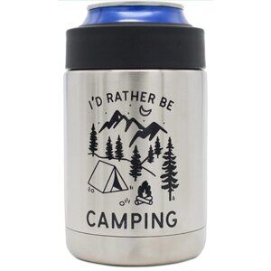Stainless Steel Single Can Cooler Holder "I'd Rather Be Camping" Insulated, New